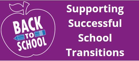 Event logo - white text on a magenta background. Image on the left is an apple with the words back to school overlaid, and the words supporting successful school transitions on the right.